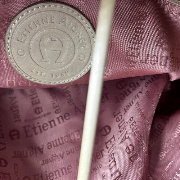 ETIENNE AIGNER NATURAL & TAN STRIPES CANVAS, GREY LEATHER SHOULDER TOTE BAG - Picture 6 of 8